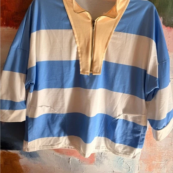 Striped Half-Zip Long Sleeve Top - Blue & White - Picture 1 of 2